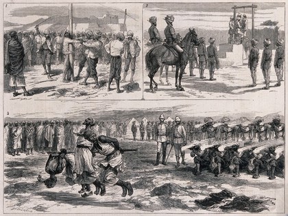 Punishments in camps during the Afghan wars, including flogging, hanging and the shooting of Afghans while tied to a rod. Wood engraving by G. Durand.