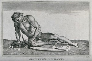 view A fatally wounded gladiator kneeling on his shield while blood gushes from the wound in his side. Line engraving with etching by P. Duflos.