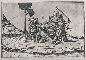 view The death of Orpheus: Orpheus is seen defending himself on one knee against the Thracian women, who assault him with clubs, while a child escapes to the left. Heliogravure after an engraving.