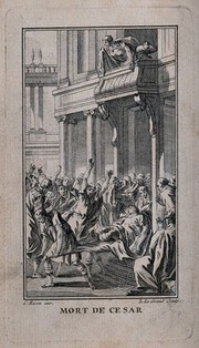 Death of Caesar: Caesar is carried out of the Senate where he had been assassinated by a group of senatorial conspirators led by Cassius Longinus and Marcus Iunius Brutus on the ides of March. Engraving by L. Le Grand after C. Eisen.