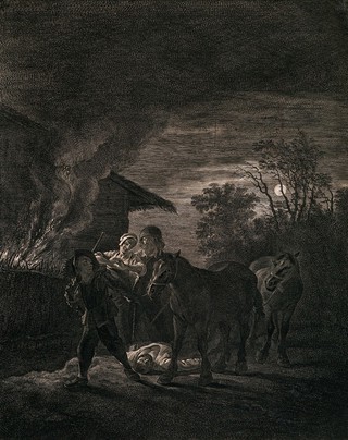 A stable on fire at night: a man leads two horses past a lamenting couple and a dead man. Etching with engraving by C. Visscher after P. van Laer.