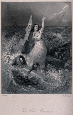 A shipwrecked woman holds on to the remains of a ship-mast waving for help in the stormy sea. Engraving by C. Heath after H. Warren.
