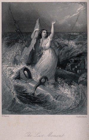 view A shipwrecked woman holds on to the remains of a ship-mast waving for help in the stormy sea. Engraving by C. Heath after H. Warren.