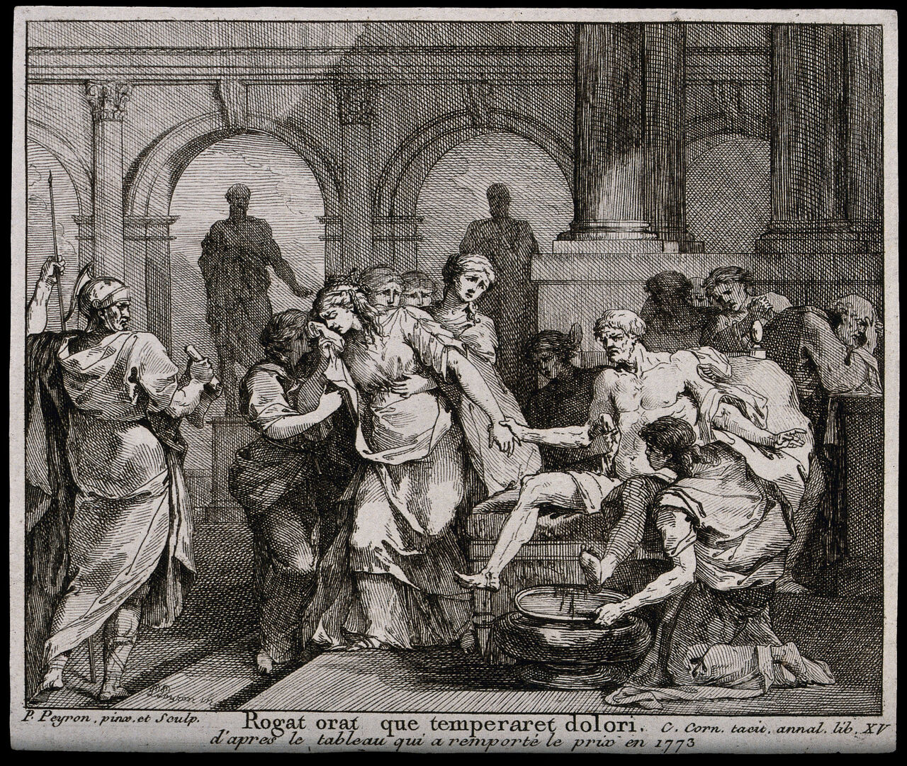 Seneca preparing his own death: he begs his wife to temper her grief. Etching by J.F.P. Peyron, ca. 1773., 1773, by Jean-François Pierre Peyron