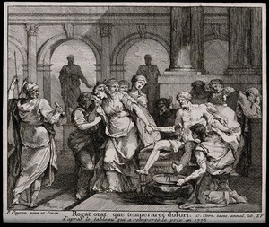 view Seneca preparing his own death: he begs his wife to temper her grief. Etching by J.F.P. Peyron, ca. 1773.