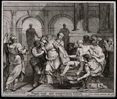 Seneca preparing his own death: he begs his wife to temper her grief. Etching by J.F.P. Peyron, ca. 1773.