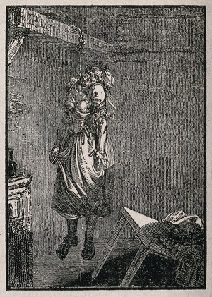 view A woman hanging herself on a beam. Wood engraving.