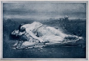 view Tristram and Isolde lying dead next to each other. Line block after Roger de Egusquiza, 1911.