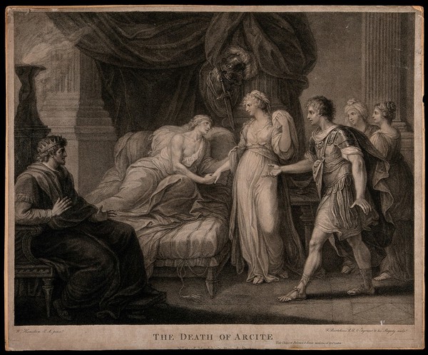 The death of Arcite: the dying Arcite lies on the bed holding the hand of a young lady, surrounded by a king, servants and a friend in armour. Stipple print by F. Bartolozzi after W. Hamilton.