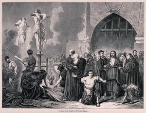 view An auto-da-fé of the Spanish Inquisition: the burning of heretics in a market place. Wood engraving by H.D. Linton after Bocourt after T. Robert-Fleury.