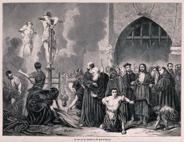 An auto-da-fé of the Spanish Inquisition: the burning of heretics in a market place. Wood engraving by H.D. Linton after Bocourt after T. Robert-Fleury.