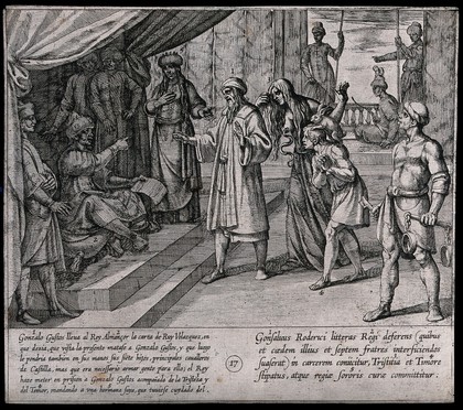 The trial of Gonzalo Gusto: Gonzalo Gusto is presented to King Almancor and accompanied by impersonations of Fear and Sadness. Etching with engraving.