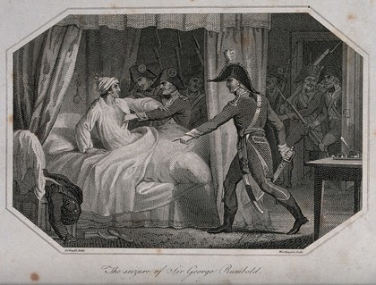 The seizure of Sir George Rumbold by French troops in his bedroom in Hamburg on the night of the 25 October 1804. Line engraving with etching by W.H. Worthington after H. Corbould, 1804.
