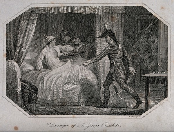 The seizure of Sir George Rumbold by French troops in his bedroom in Hamburg on the night of the 25 October 1804. Line engraving with etching by W.H. Worthington after H. Corbould, 1804.