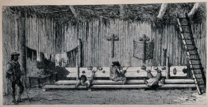 view Methods of torture in South America: people in field stocks before large crucifixes. Wood engraving by Riou.