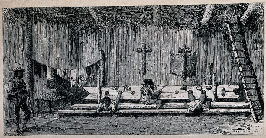 Methods of torture in South America: people in field stocks before large crucifixes. Wood engraving by Riou.