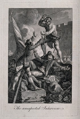 Two soldiers fighting ferociously on the top of a mound when a dying soldiers intervenes. Line engraving with etching.