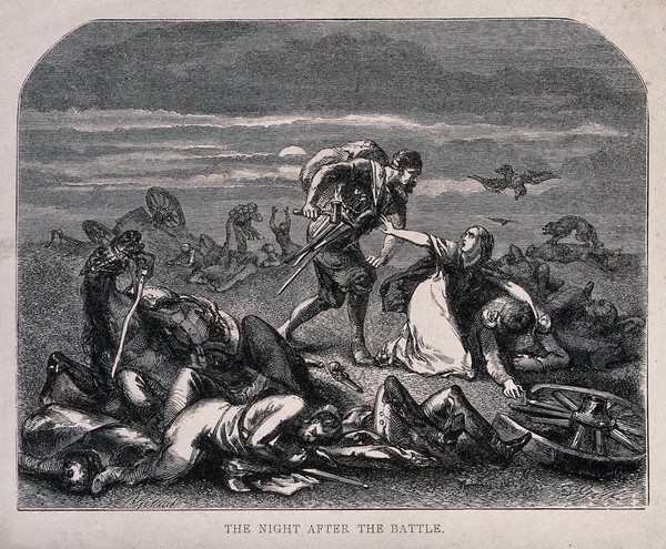Nocturnal scene on a battlefield:a woman nursing a wounded soldier is pleading with a man intending to plunder the bodies to spare the man in her care. Wood engraving by F. Gilbert after J. Gilbert.