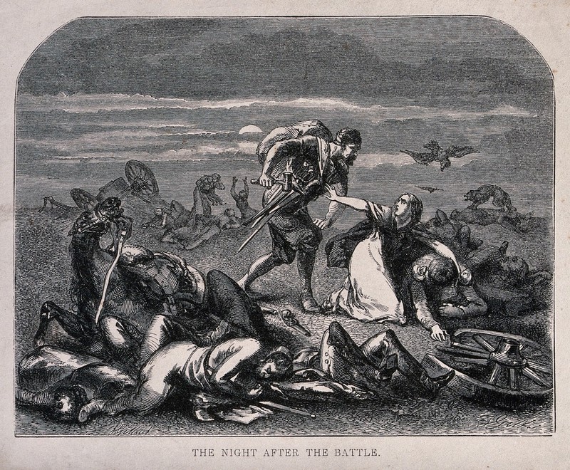 Nocturnal scene on a battlefield:a woman nursing a wounded soldier is pleading with a man intending to plunder the bodies to spare the man in her care. Wood engraving by F. Gilbert after J. Gilbert., by John Gilbert