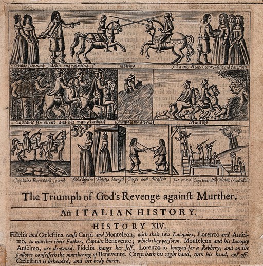 A series of of images illustrating the murder of Captain Benevente, the conspiracy and subsequent divine punishment of the delinquents. Etching with engraving.