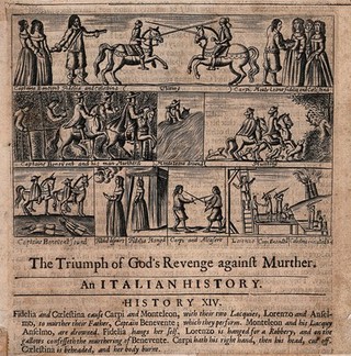 The murder of Captain Benevente, and the conspiracy and subsequent divine punishment of the culprits. Etching with engraving and letterpress.