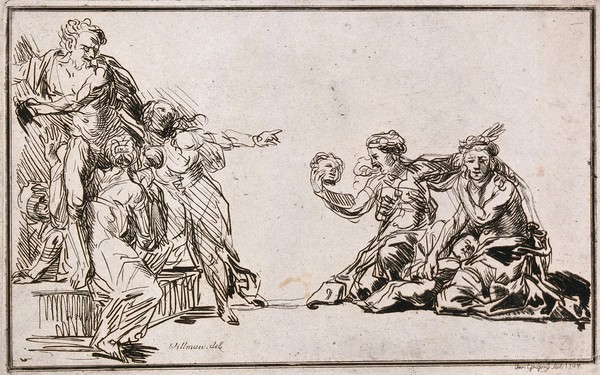 A distressed woman cradles the body of a dying child in her arms while another woman holds a mask in her right hand. A bearded man and two women watch the scene from a distance. Etching by J. Gregory after M.L.L. Willmann, 1794.