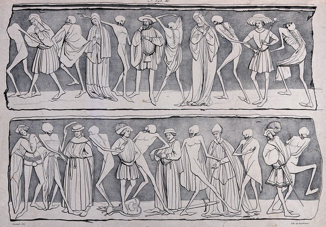 This lithograph is a copy of a fresco in the Benedictine abbey La Chaise Dieu in Auvergne in the south of France. It was painted by an unknown master between 1390 and 1410. The fresco covered three walls of the church and depicted a continuous chain of dancers, both dead and alive. In this early example of the dance of death, the skeletons do not yet depict a personification of death but rather the dead. Unlike subsequent depictions of this genre, the La Chaise Dieu fresco was not accompanied by a text The topic of the dance of death appeared for the first time in the second half of the fourteenth century and especially in the fifteenth century. From the sixteenth century onwards, images of this genre became more frequent but they do not necessarily depict an entire dance of death as depictions may be broken up into groups. Originally, these chains of dancers were painted as frescos in cloisters and on the walls of churchyards. The early depictions of the dance of death which were mostly commissioned by the Catholic Church, had a specific purpose: the viewers of these images were to be reminded of the transience of life, the uncertainty of the hour of death and the relentlessness of death. Death does not distinguish between class, profession, age or gender but equalizes everyone.