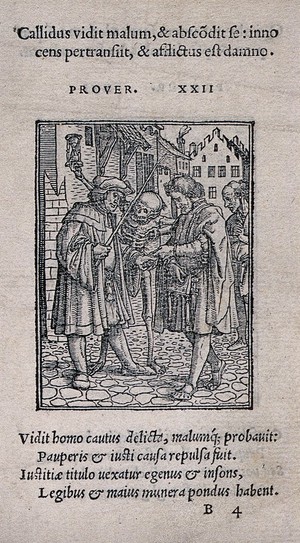 view The dance of death: the advocate. Woodcut by Hans Holbein the younger.