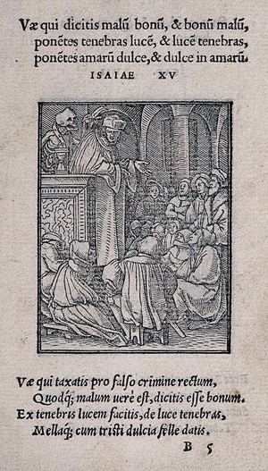 view The dance of death: the preacher. Woodcut by Hans Holbein the younger.