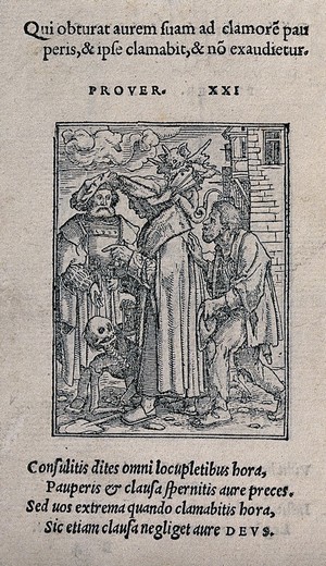 view The dance of death: the senator. Woodcut by Hans Holbein the younger.