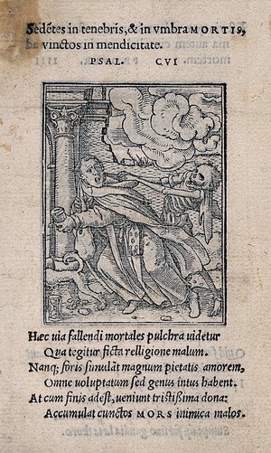 view The dance of death: the monk. Woodcut by Hans Holbein the younger.