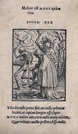 view The dance of death: the old woman. Woodcut by Hans Holbein the younger.