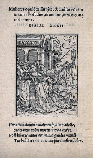 view The dance of death: the queen. Woodcut by Hans Holbein the younger.