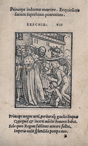 view The dance of death: the duke. Woodcut by Hans Holbein the younger.