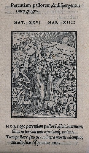 view The dance of death: the bishop. Woodcut by Hans Holbein the younger.