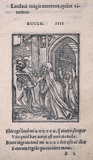 view The dance of death: the abbess. Woodcut by Hans Holbein the younger.