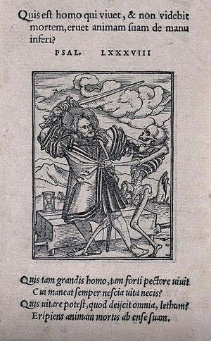 view The dance of death: the warlord. Woodcut by Hans Holbein the younger.