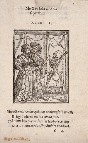 view The dance of death: the lady. Woodcut by Hans Holbein the younger.