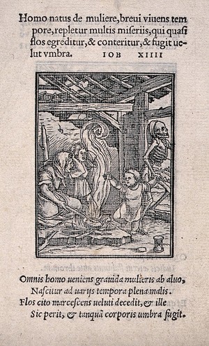 view The dance of death: the child. Woodcut by Hans Holbein the younger.