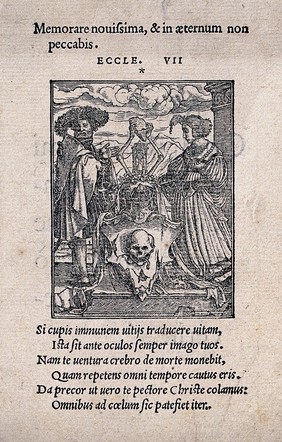 The dance of death: the escutcheon of death. Woodcut by Hans Holbein the younger.