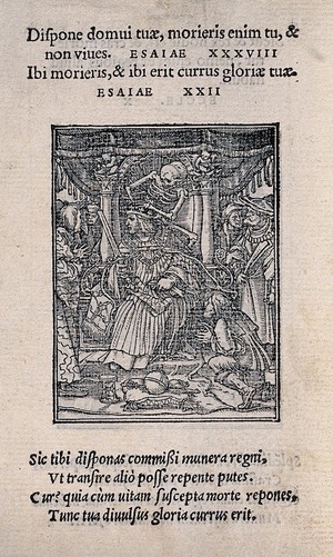 view The dance of death: the emperor. Woodcut by Hans Holbein the younger.