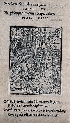 view The dance of death: the pope. Woodcut by Hans Holbein the younger.