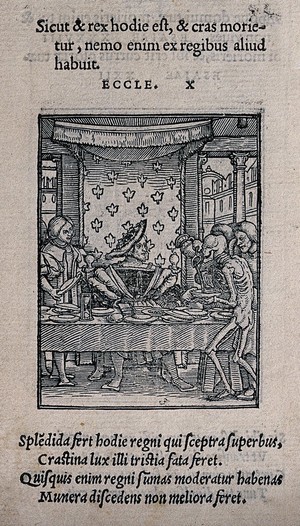 view The dance of death: the king. Woodcut by Hans Holbein the younger.