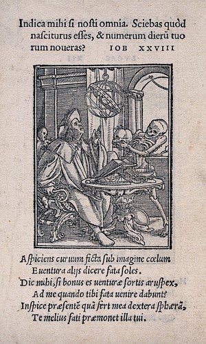 view The dance of death: the astrologer. Woodcut by Hans Holbein the younger.