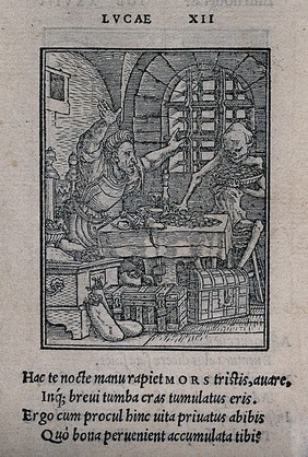 The dance of death: the merchant. Woodcut by Hans Holbein the younger.