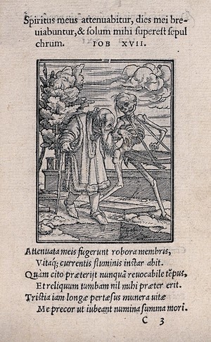 view The dance of death: the old man. Woodcut by Hans Holbein the younger.