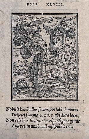 view The dance of death: the count. Woodcut by Hans Holbein the younger.
