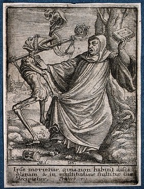 The dance of death: the abbot. Etching by Wenceslaus Hollar after Hans Holbein the younger.