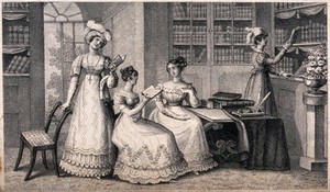 view Four elaborately-dressed ladies consulting books in a private library. Engraving.