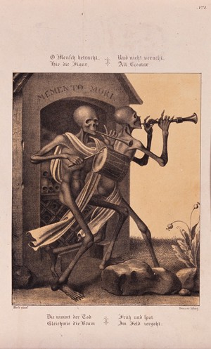 view The dance of death at Basel; skeletons playing the pipe and the drum to accompany the dance. Lithograph by Danzer after H. Hess.